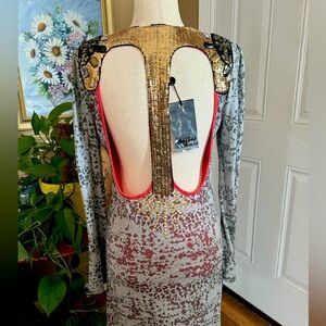 Meghan LA Dress Embellished Sparkle Backless Sequins Jewels Medium with Stretch